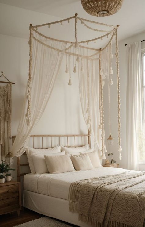 Create an indie soft bedroom aesthetic by incorporating a canopy bed with dreamy fairy lights. Add in a cozy floor rug, macramé wall hangings, and fluffy throw pillows for a bohemian touch. Soft Bedroom Aesthetic, Cozy Chic Bedroom, Chic Bedroom Ideas, Fluffy Throw Pillows, Soft Bedroom, Indie Aesthetic, Canopy Bed, Chic Bedroom, Cozy Chic