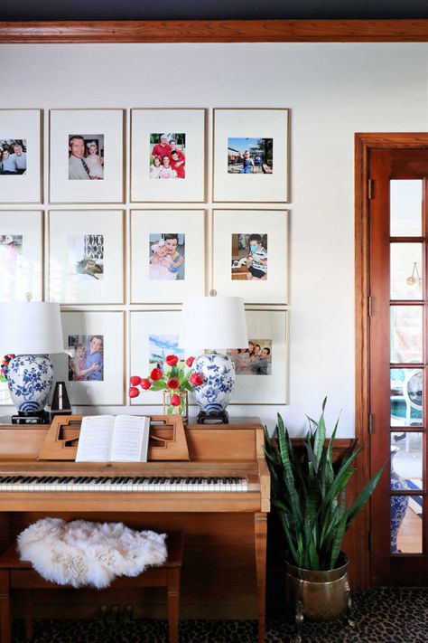 Gallery Wall Over Piano, Family Photo Gallery Wall, Spring Room, Photo Gallery Wall, Dimples And Tangles, Grid Wall, Old Pianos, Spring Refresh, 16x20 Frame