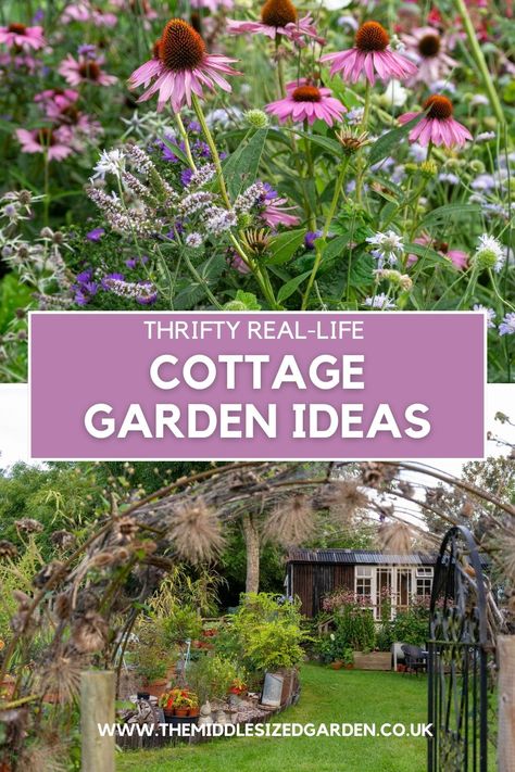 Discover the charm of cottage garden aesthetics without breaking the bank. Explore creative ways from a real-life cottage garden to discover budget-friendly cottage garden plants and thrifty gardening tips. Using discarded household items and friends' leftover plants, Kathy has turned a blank piece of earth into a colourful and creative garden.❤️🌻🏡 Don't miss this inspiring video! Cottage Garden Lighting, Backyard Cottage Garden Ideas, Cottage Plants Outdoor, Cottage Garden Planters, Simple Cottage Garden Ideas, Small Romantic Garden Ideas, Rustic Gardens Ideas, Country Flower Garden Ideas, Small English Garden Design