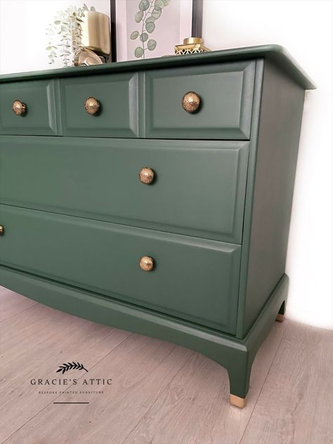 Restored Chest Of Drawers, Painted Hemnes, Painting Chest Of Drawers, Refurbished Chest Of Drawers, Updating Furniture, Green Chest Of Drawers, Upcycled Chest Of Drawers, Stag Minstrel, Chest Of Drawers Makeover