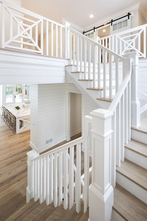 Benjamin Moore Super White All white staircase railing, spindles and balusters Benjamin Moore Super White All trim and shiplap are enameled in Benjamin Moore Super White Benjamin Moore Super White All white staircase railing, spindles and balusters Benjamin Moore Super White All white staircase railing, spindles and balusters #BenjaminMooreSuper White #Allwhitestaircase #whitestaircase #railing #spindles #balusters #staircase Lake House Interior Design, Farmhouse Staircase, Shiplap Paneling, Interior Stair Railing, Interior Railings, White Staircase, White Stairs, Lake House Interior, House Staircase