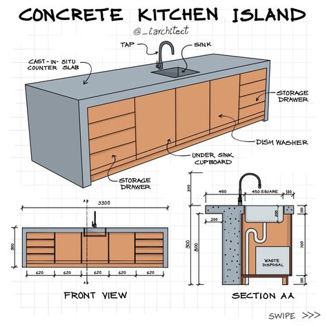 Concrete Kitchen Island #kitchendesign #kitchendecor #kitchenlighting #kitchenlayout #architecturestudent #kitchenrenovation #architecturestudent #architect #architects #interiordesign #interiordecor #interiordecor Kitchenette Dimensions, Kitchen Island Detail Drawing, Island Kitchen Dimensions, Concrete Kitchen Island Ideas, Make Your Own Kitchen Island, Kitchen Island Size Guide, Kitchen Island Measurements, Concrete Kitchen Cabinets, Island Kitchen Layout