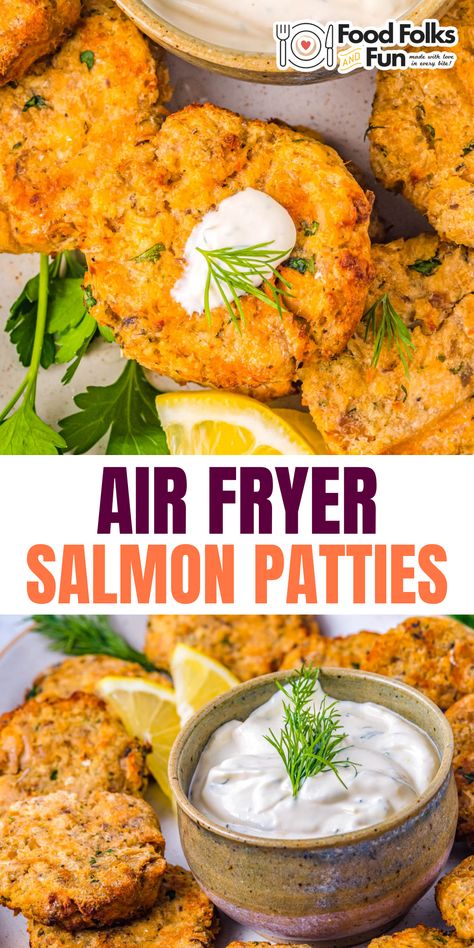 Air Fryer Salmon Patties, Air Fryer Recipes Snacks, Air Fryer Salmon, Creamy Dill Sauce, Canned Salmon, Salmon Patties Recipe, Air Fryer Fish, Delicious Seafood Recipes, Airfryer Recipes