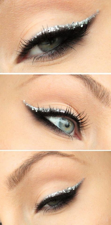 #Maquillaje de #fiesta: una linea muy fina de delineador plateado con purpurina, en forma de ala. Maquillage Pin Up, Smokey Eyeliner, Glitter Liner, Make Up Inspiration, Glitter Eye Makeup, Glitter Eyeliner, Glitter Eyes, Eye Make, Love Makeup