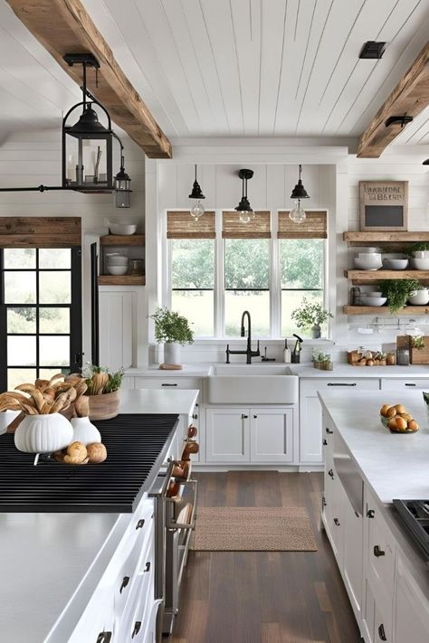 And All Shall Be Well Tumblr, Farmhouse Sink With Backsplash, Timeless Farmhouse Kitchen, Interior Farmhouse Design, Modern Farmhouse Kitchens Black, Farmhouse Kitchen Windows, Farmhouse Kitchen White Cabinets, Modern Farmhouse Interior Design Ideas, Cottage House Aesthetic