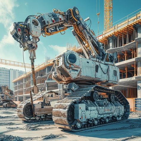 Futuristic Construction Robot: A massive robotic arm towers over the construction site, hinting at advanced building technologies. #construction #robot #technology #machinery #engineering #innovation #automation #futuristic #aiart #aiphoto #stockcake https://ayr.app/l/LVYg Futuristic Construction, Construction Robot, Robot Images, Robotic Arm, Robot Technology, Civil Construction, Construction Machines, In Construction, Construction Site