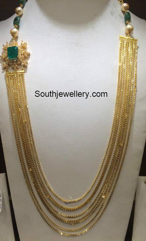 Chandraharam with Diamond Side Pendant Chandra Haram Designs Gold, Chandra Haram, Gold Long Chain, Haram Designs, Necklace Emerald, Beautiful Gold Necklaces, Antique Jewelry Indian, Gold Pendant Jewelry, Wedding Jewellery Collection