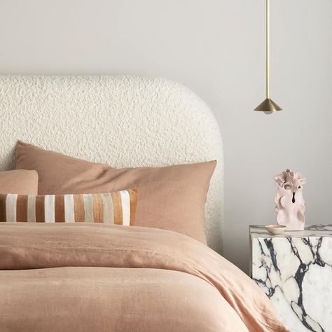 CULTIVER on Instagram: “Our Fawn bedding featured on @heatherlydesignbedheads' new Bonnie Bed. ​ ​#cultiverlinen” Sheep Bed Frame, Boucle Bed Styling, Rounded Bed Frame, Diy Boucle Headboard, Boucle Bedroom Ideas, Bed Upholstery Designs, Boucle Bedroom, Rh Bed, Round Bed Frame