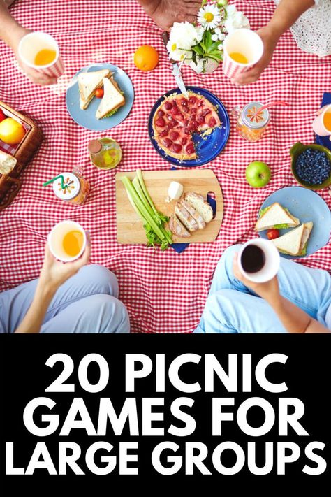 Here, we share 20 of our FAVORITE picnic games that large groups can enjoy this summer! Read more at OwnTheYard.com! Picnic Birthday Party Games, Old Fashioned Picnic Games, Picknick Games, Outdoor Picnic Games For Adults, Picnic Ideas For Friends Games, Picnic Games Ideas For Friends, Activities For Picnic, Games For Picnic Ideas, Picnic Party Activities