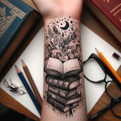 16 Creative Bookish Tattoos [For Passionate Readers] Book Idea Tattoos, Watercolor Books Tattoo, Book Themed Sleeve Tattoo, Black And Grey Book Tattoo, Book And Beach Tattoo, Books And Butterflies Tattoo, The Pagemaster Tattoo, Kids Book Tattoo, Type Writer Tattoos