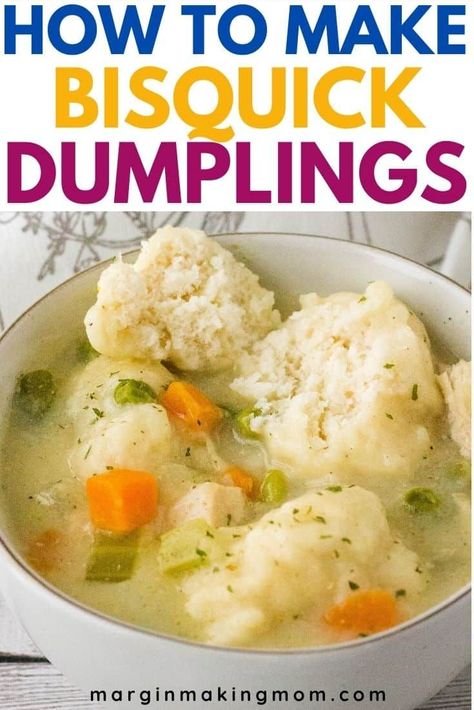 Learn how to make perfect, fluffy Bisquick dumplings for your soups and stews! Whether you're adding them to chicken and dumplings or beef stew and dumplings, this is a great kitchen shortcut. How To Make Dumplings With Bisquick, Chicken Dumplings With Bisquick, Biscuit Dumplings Recipe, Bisquick Dumpling, Chicken And Bisquick Dumplings, Bisquick Dumplings Recipe, Bisquick Recipes Dinner, Chicken And Dumplin Recipe, Easy Chicken Dumpling Recipes