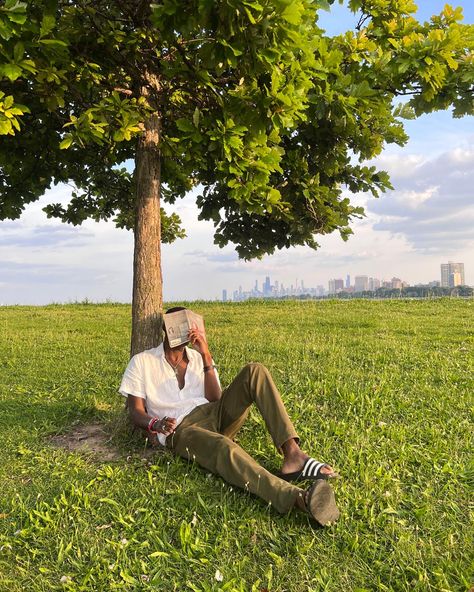 Reading A Book Under A Tree, Person Sitting Under Tree Drawing, Reading Under A Tree Aesthetic, Leaning Against Tree Pose, Relaxing Poses Reference, Person Reading Book Reference, Man Sitting Under Tree, Loner Vibes, Tree Photoshoot Ideas