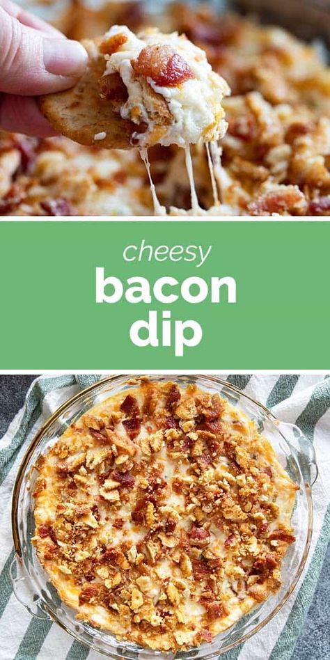 The perfect dip for parties or game day, this Cheesy Bacon Dip is filled with 3 kinds of cheese and bacon both in the dip and on top. Bacon Cheese Dip Recipes, Cheese Dip Recipes Easy, Dip For Parties, Savory Apps, Bacon Dip Recipes, Bacon Cheddar Dip, Cheesy Bacon Dip, Bacon Cheese Dips, Finger Foods Appetizers