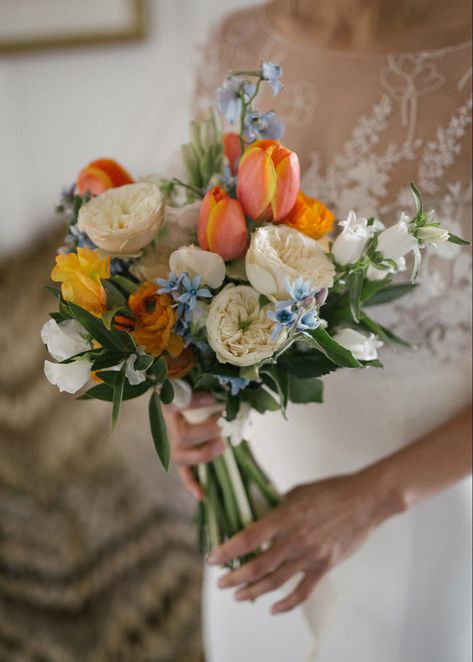 Orange & Blue Bridal Bouquet- Spring 2022 Wedding Bouquet Spring Flowers, Bridal Bouquet With Tulips, Wedding Bouquets With Tulips, Wedding Bouquet With Tulips, May Bridal Bouquets, Blue Orange And Pink Aesthetic, Small Bridal Bouquet Simple, Orange Blue Wedding Flowers, Colorful Bridal Bouquet Summer