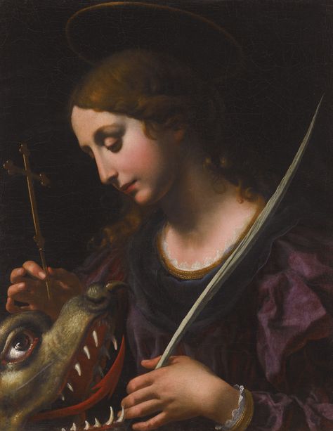 Onorio Marinari (1627-1715) - Saint Margaret of Antioche - Cette sainte légendaire est née à Antioche de Pisidie. Convertie au christianisme, elle fait vœu de virginité, repousse les avances du gouverneur romain Olybrius et refuse d'abjurer sa foi.  La légende veut qu'elle fut avalée par un monstre, dont elle transperça miraculeusement le ventre pour en sortir indemne au moyen d'une croix. C'est pourquoi on la représente généralement « hissée sur le dragon ». St Margaret Of Antioch, Saint Margaret Of Antioch, Margaret Of Connaught, St Justin Martyr, The Anthology, Martyrs Of Compiegne, Saint Margaret, Master Painters, Saint Joan Of Arc