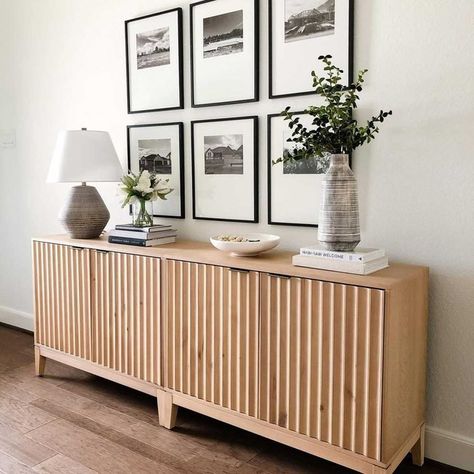 Living Room With Buffet Cabinet, Restoration Hardware Cabinet Living Room, Light Wood Buffet Table, Sideboard Styling Hallway, Entrance Buffet Decor, Minimal Organic Modern Living Room, Hallway Buffet Decor, Furniture For Large Wall Space, Neutral Entrance Hall