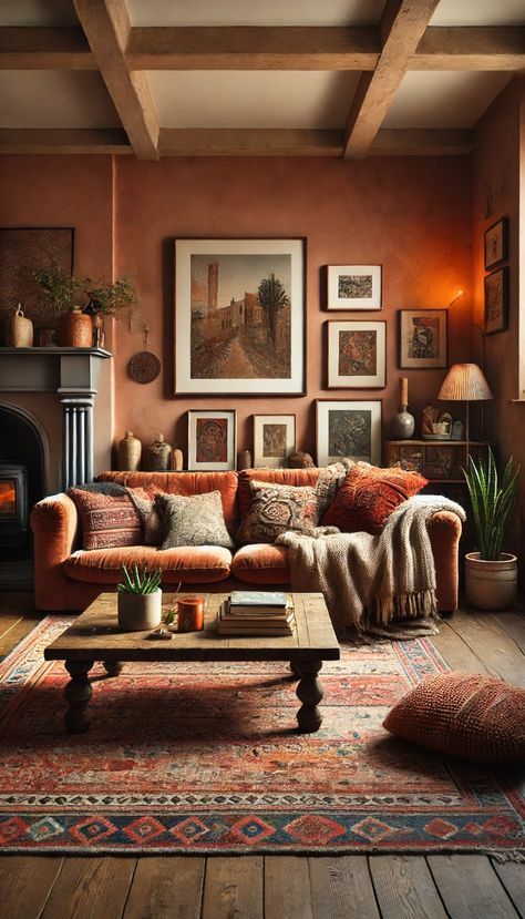 Terracotta Home Decor Living Rooms, Terracotta Family Room, Cozy Terracotta Living Room, Sofa Orange Living Room, Terracotta Cottage Living Room, Living Room Cozy Fireplace, Burnt Orange Feature Wall Living Rooms, Terra Cotta Accent Wall Living Room, Bohemian Wall Paint