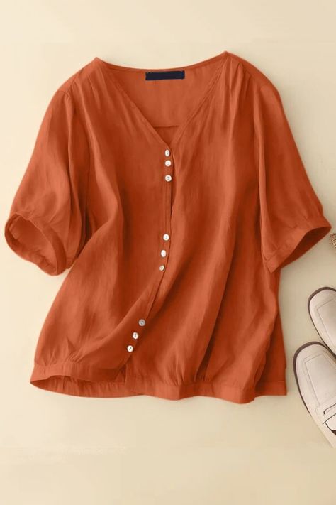 Summer blouse for women. Vintage solid cotton shirt. Casual loose. Grey. Couture, Short Top Designs For Women Cotton, Cotton Tops Designs Casual, Loose Outfits For Women, Ladies Shirt Pattern, Modern Tops For Women, Neck Kurti Design, Short Tops For Women, Shirt Designs For Women