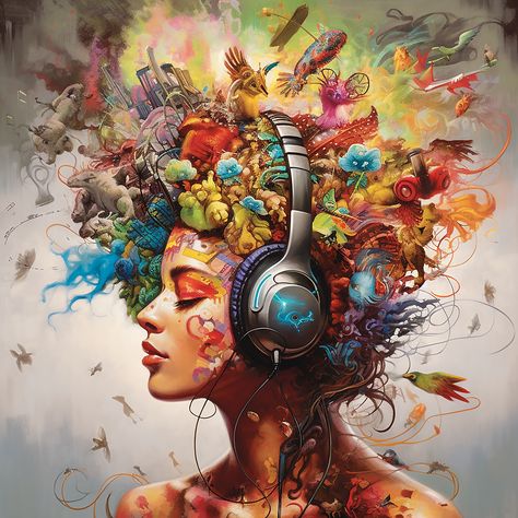 This art and corresponding merchandise is available at Zazzle. An abstract digital painting of a woman listening to music that surrounds her. abstract, digital painting, woman, music, listening, headphones, sound, audio, abstract art, digital art, digital illustration, music lover, musical, immersive, surround sound, vibrant, colorful, audio waves, melodic, rhythm, harmony, abstract expressionism, artistic, creativity, emotion, atmospheric, surreal, dreamlike, ethereal, contemporary Afro Music Art, Music Art Painting Abstract, Music Fantasy Art, Art Lover Aesthetic, Music Lover Aesthetic, Headphone Art, Abstract Music Art, Gcse Music, Music Digital Art