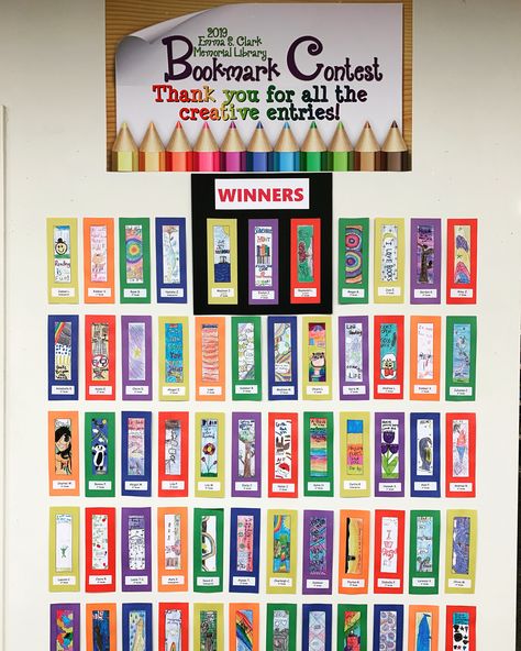 Pete The Cat Library Display, Elementary Art Contest Ideas, 3rd Grade Library Activities, Currently Reading Display, Bookmark Contest Library, Reading Contests For Elementary, Middle School Library Contests, Bookmark Contest Ideas, Book Fair Contest Ideas