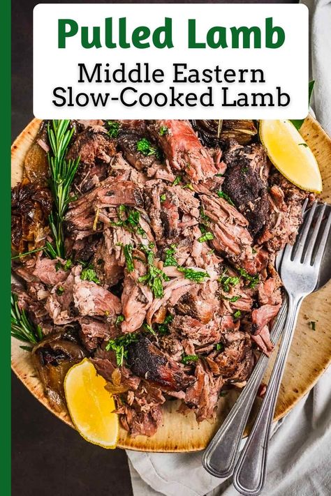 This Middle Eastern slow-cooked lamb is a showstopper! This is an excellent recipe to make for a special occasion for a weekend dinner. The slow-roasting will take time, but trust me it is so worth it! Serve the Pulled Lamb with vermicelli rice, fresh Jerusalem chopped salad and Greek yogurt. Slow Cook Lamb Recipes, Meditterean Lamb Recipes, Lamb Brisket Recipes, Middle Eastern Leg Of Lamb Recipes, Greek Roast Lamb Recipes, Greek Salad With Lamb, Cooked Lamb Recipes, Medeteranian Lamb Recipes, Lamb Boneless Leg Recipes