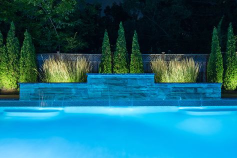 Small Pool With Water Feature, Pool Waterfalls, Franklin House, Outdoor Amenities, Swimming Pool Waterfall, Swimming Pool Ideas, Luxury Pools Backyard, Pool Pics, Square Pool