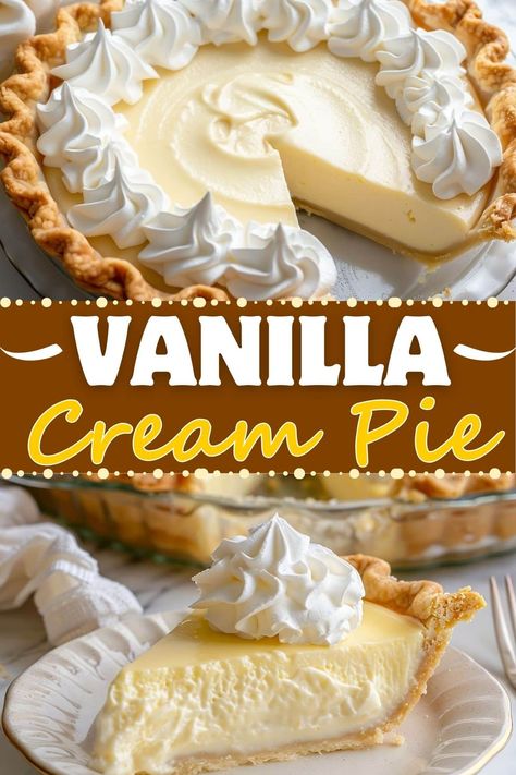 Vanilla cream pie is pure bliss! With its silky custard, buttery crust, and a cloud of whipped cream, it's the perfect blend of flavors and textures. Each bite is a comforting hug in dessert form. Pie, Essen, Best Cream Pie Recipes, Flavored Pie Crust Recipe, Amish Cream Pie, Beginner Pie Recipes, Vanilla Cream Pie Recipes, Easy Homemade Pie Recipes, Best Pie Ever