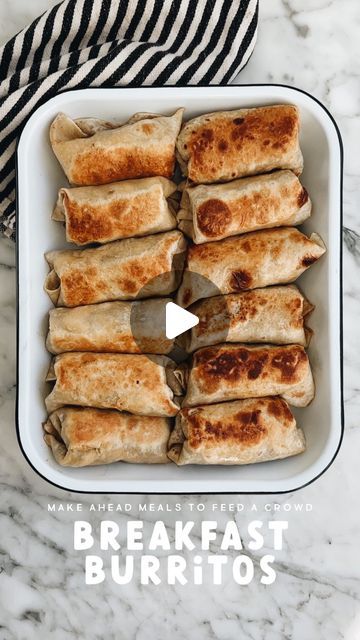 Jessica Garvin on Instagram: "Your new fave weekend breakfast!! These are the BEST BREAKFAST BURRITOS!! My most requested breakfast recipe by family & friends!!! 🖤🖤 YOU’RE GONNA LOVE ‘EM!  For approximately 12 Breakfast Burritos: 12 uncooked tortilla shells (cooked for 30-45 seconds on each side) A dozen scrambled eggs 2 lbs ground breakfast sausage (I used turkey sausage!) A bag of sharp cheddar cheese 1 bag tater tots (tater coins are best!) (I usually also add a diced sautéed onion)  Cook all of your breakfast burrito insides and combine together in a pan or large bowl, this ensures every bite is a good mixture of everything and that your cheese is nice and melty!  Fill burritos and roll them up, set aside in a pan. Turn your skillet on to medium high heat and add butter, then put all Breakfast Burrito Recipe Freezer, Overnight Breakfast Burritos, Freezer Friendly Breakfast Burritos, Pre Made Breakfast Burritos, Easy Breakfast Burritos For A Crowd, Mini Breakfast Burritos, Breakfast Casserole With Tortillas, Sheet Pan Breakfast Burritos, Baked Breakfast Burritos