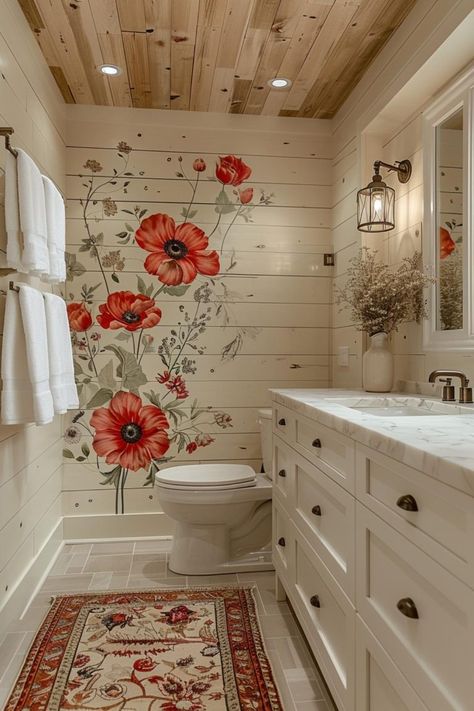 40 Shiplap Bathroom Ideas To Add Charm to Your Space Bathroom Ideas Mobile Home, White Shiplap Bathroom Wall, Bathroom Wall Decal Ideas, Pretty Powder Rooms, Shiplap Half Bathroom, Remodeled Bathrooms Ideas, Children Bathroom Design, Ideas For Bathroom Walls, Red House Interior