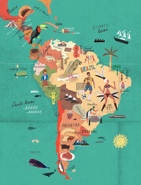 America Map Illustration, Latin America Map, Columbia South America, South America Map, Latin America Travel, America Map, Printable Maps, South America Travel, Illustrated Map