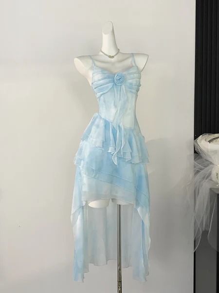 Ice Extract Sea Salt Pure Desire Sweet Waist Holiday Suspender Dress – Ncocon Ice Blue Formal Dress, Blue Dresses Aesthetic, Ice Themed Outfit, Silvermist Outfit, Blue Outfits Aesthetic, Ice Outfit, Light Blue Outfit, Mermaid Outfits, Ice Dress