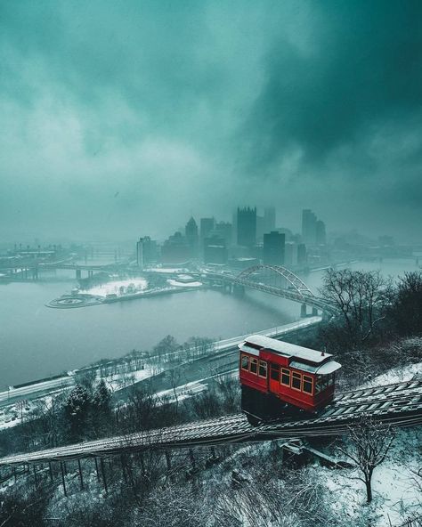 Pittsburgh moods! Duquesne incline with the city wrapped in a snow storm.  Be Visually Inspired! Photo by @proiesworld #artofvisuals… Pittsburgh Incline, Urban Flora, Cave City, Pittsburgh Skyline, Dream Scape, Pittsburgh City, Liminal Space, Liminal Spaces, Steel City