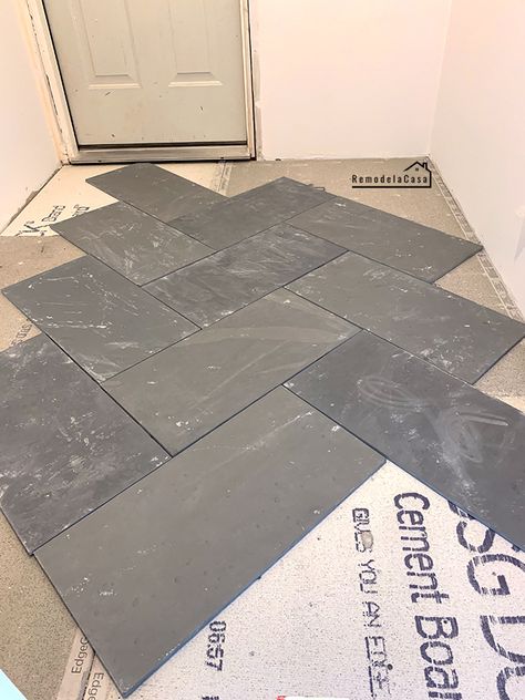 Dry lay out slate tile - mudroom Dining Room Tile Floor, Blue Slate Floor, Grey Marble Bathroom Floor, Bathroom Tile Herringbone, Tile Mudroom, Blue Slate Tile, Slate Bathroom Floor, Slate Bathroom Tile, Slate Floor Kitchen