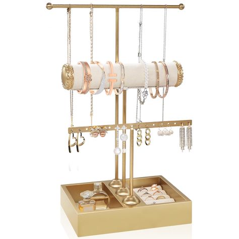 PRICES MAY VARY. 💟【𝐏𝐫𝐨𝐯𝐢𝐝𝐞𝐬 𝐄𝐱𝐜𝐞𝐩𝐭𝐢𝐨𝐧𝐚𝐥 𝐒𝐭𝐨𝐫𝐚𝐠𝐞】A jewelry organizer stand that you can use to display all your beautiful jewelry including your necklaces, bracelets, watches, earrings, rings and other accessories! 💟【𝟑 𝐓𝐢𝐞𝐫 𝐓-𝐛𝐚𝐫 𝐃𝐞𝐬𝐢𝐠𝐧】This jewelry holder organizer features 5 sections. Its 3 tier T-bar design is perfect for hanging jewelry and bracelets, and the wooden base is a great place to store rings, pins, brooches, and other small items. 💟【𝐏𝐫? Jewelry Atand, Jewelry Holder Braclet, Preppy Jewelry Rack, Organizer For Jewelry, Cute Jewelry Organizer, Gold Room Accessories, Earring Holde, Jewlrey Organization, Range Bracelet