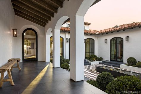 SPANISH REVIVAL WITH OCEAN VIEWS - Saffron Case Homes Modern Hacienda Style Homes, Modern Spanish Revival, Spanish Style Home Interior, Modern Spanish Home, Spanish Mediterranean Homes, Modern Spanish Style, Spanish Exterior, Exterior Entrance, Modern Hacienda