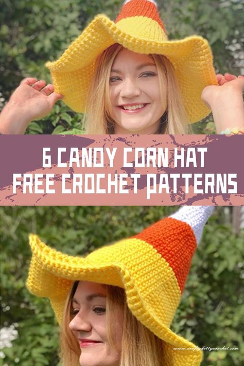 These 6 FREE Candy Corn Hat Crochet patterns offer a fun and stylish way to stay cozy during the cooler months while showcasing your love for this classic candy. #freecrochetpatterns Candy Corn Witch Hat Crochet, Crochet Candy Corn Hat, Crochet Candy Corn Pattern Free, Candy Corn Crochet Hat, Hat Crochet Patterns Free, Candy Corn Hat, Crochet Candy Corn, Hat Crochet Patterns, Crochet Candy