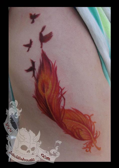 Color, Orange Feather that turns into Birds Tattoo Phoenix Feather Tattoos, Tattoo Feather, Phoenix Feather, Phoenix Tattoo Design, Harry Potter Tattoos, Sweet Tattoos, Like A Rock, Phoenix Tattoo, Feather Tattoo