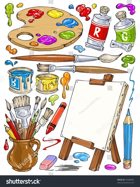 Art Supplies Clipart, Painting Tools Drawing, Art Tools Drawing Sketch, Art Supplies Illustration, Art Materials Illustration, Art Tools Illustration, Painting Cartoon, Art Painting Supplies, Art Tools Drawing