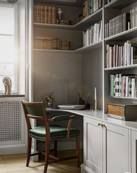 Built In Desk Library, Study Space In Living Room, Office Library Built Ins, Office With Bookshelf Wall, Built In Shelves With Desk, Built In Study, Bookshelves And Desk, Corner Library, Built In Desk And Shelves