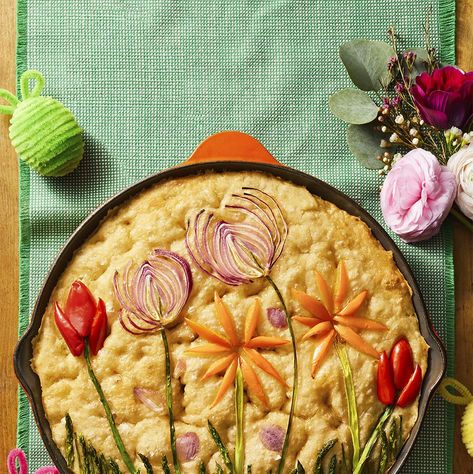 Spring Garden Art Focaccia Art Focaccia, Flower Focaccia, Summer Trifle Recipes, Summer Trifle, Foccacia Bread, Mini Sweet Peppers, Focaccia Recipe, Stuffed Mini Peppers, Bread Art