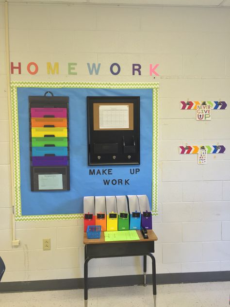 My class homework station for high school. Each class is assigned a color and uses that color to turn in/pick up assignments. Classroom Organization High School, Classroom Decor High School, Diy Classroom Decorations, Homework Station, Special Education Activities, School Homework, Class Rules, High School History, High School Spanish