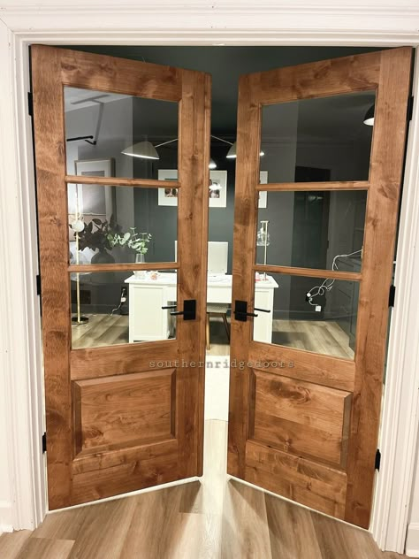 Custom made wood french doors with glass. Can be used for barn door, pocket door hinge door. Pantry , laundry, bathroom , kitchen. Can be made in your own custom design, or any configuration. Doors are made with mortise and tenon joints for strength and durability. Every door is handmade by me..and i wouldnt send nothing to you that i wouldnt put in my house. I take pride in everything i create. Your space, your vision, your door. Send me a message. Thanks. Craftsman French Doors Interior, Playroom French Doors, Rustic French Doors Interior, Barn Door For Pantry Kitchens, Office Doors With Transom, Wooden Door With Window, Glass Doors To Office, Farmhouse Office Doors, Playroom With French Doors