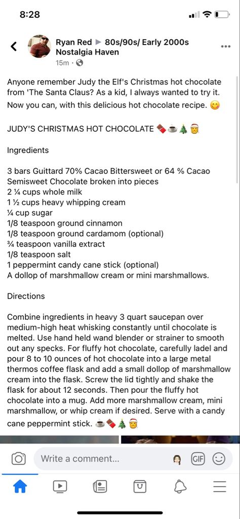 Judy’s Hot Cocoa, The Santa Claus Hot Chocolate, Judy The Elf Hot Chocolate, Judy’s Hot Chocolate, Judys Hot Cocoa, Santa Claus Movie, Hot Chocolate Ingredients, Pastry Ideas, Chocolate Santa