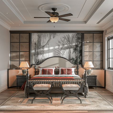 INDOCHINE | BEDROOM :: Behance Indo Chine Interior, Traditional Bed Designs, Indochine Bedroom, Neoclassical Bedroom, Indochine Interior, Bedroom Behance, Indochine Style, Traditional Bed, Chinoiserie Style