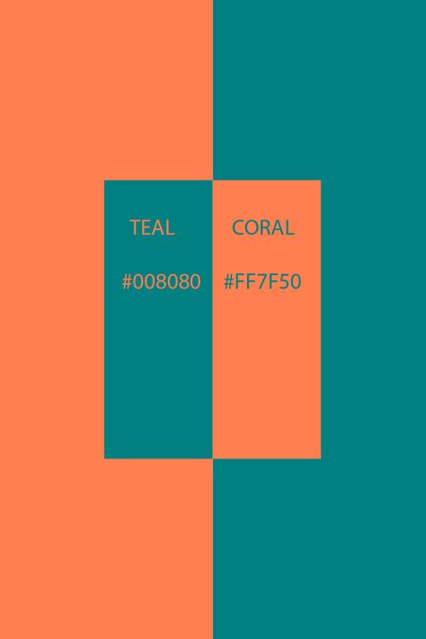 Teal and Coral harmonize effectively, although they are not strictly considered complementary colors. Based on the research I conducted, some individuals argue that they are complementary due to their capacity to generate a high-contrast, eye-catching combination reminiscent of the effects produced by true complementary colors. From a technical perspective, teal's complementary color is red. Nonetheless, coral and teal blend seamlessly together. Red Complementary Colors, Contrast Colour Combination, Coral Color Combinations, Turquoise Color Scheme, Mum Wedding, Teal Color Palette, Coral And Teal, Teal Coral, Red And Teal