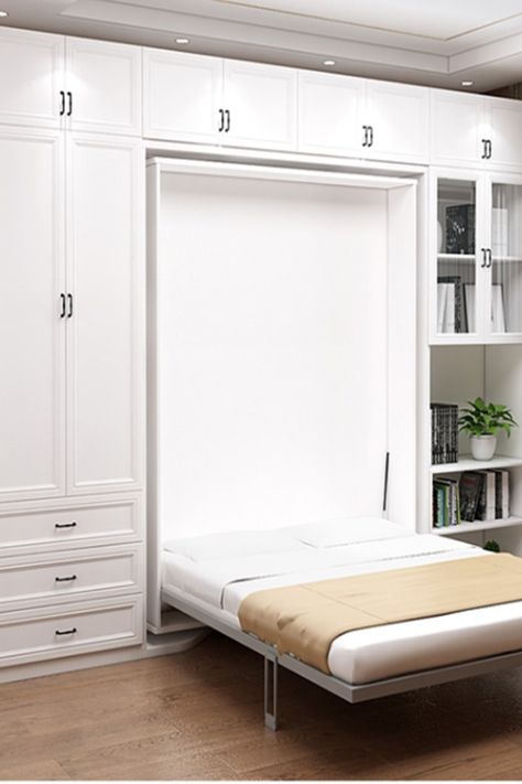 Wall Murphy Bed, Murphy Bed Office, Guest Bedroom Office, Guest Bedroom Home Office, Bed With Wardrobe, Space Saving Furniture Bedroom, Space Saving Bedroom, Modern Murphy Beds, Murphy Bed Diy