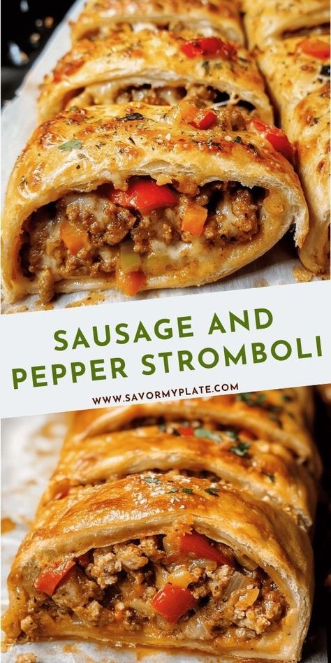 This golden, crispy stromboli is stuffed with savory sausage, sautéed peppers, gooey cheese, and marinara sauce. A perfect appetizer, game-day snack, or family dinner! Sauteed Peppers, Sausage And Peppers, Game Day Snacks, Gooey Cheese, Perfect Appetizers, Marinara Sauce, Marinara, Lunch Ideas, Family Dinner