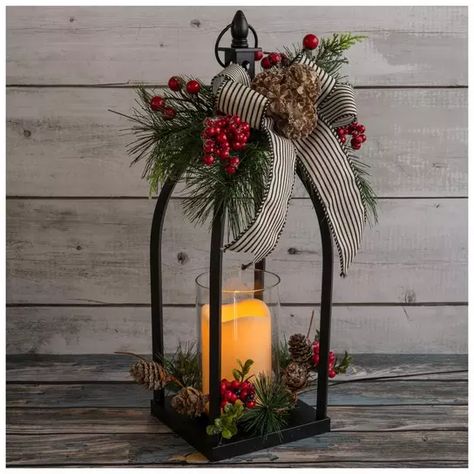 Flocked Pinecone & Berry LED Lantern | Hobby Lobby | 5583497 Christmas Latern Centerpieces, Small Lantern Decor Ideas, Lantern Decor Living Room, Decorate Lanterns Ideas, Lantern Christmas Decor Ideas, Xmas Lanterns Ideas, Christmas Lanterns Decorated Diy, Lantern Decor Christmas, Holiday Lanterns Christmas