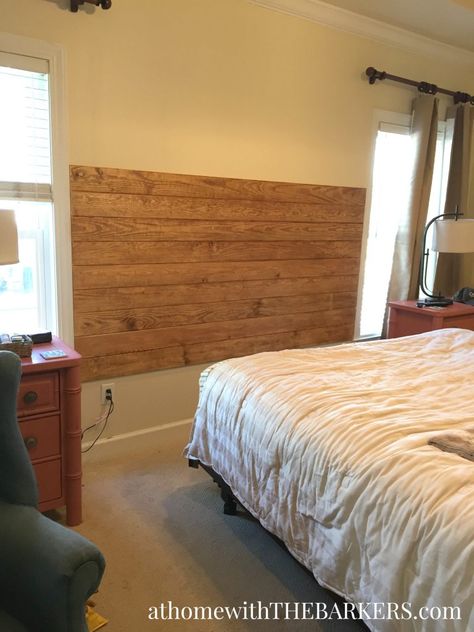 Wooden Planks On Wall, Headboard Alternative Diy, Wood Wall Headboard, Diy King Size Headboard, Floating Bed Diy, Rainbow Headboard, Plank Headboard, Floating Headboard, Headboard Alternative