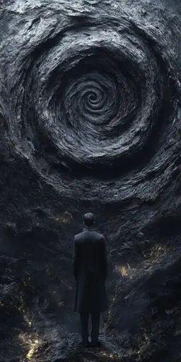 ↑↑↑ Larger size on website 🔸 A man in a long black coat stands before a swirling black abyss that appears to be a large vortex. I Dark Setting, Man Faces, Mysterious Man, Long Black Coat, The Abyss, Coat Stands, Golden Lights, Male Face, Long Black